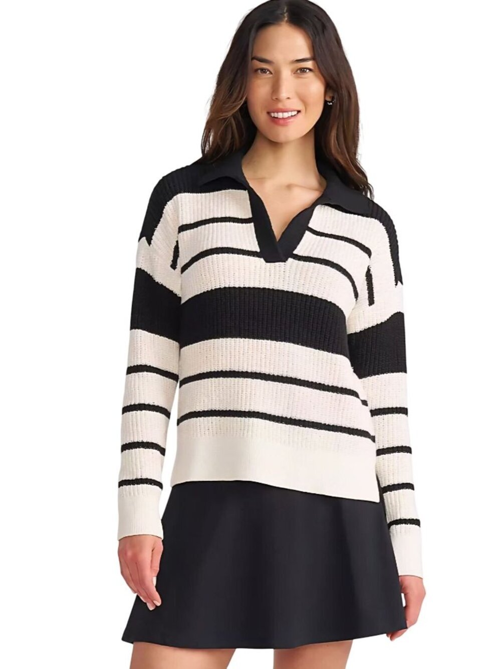 Lands' End Cotton Boucle Johnny Collar Shake Pullover Black Cream 2024 Size M